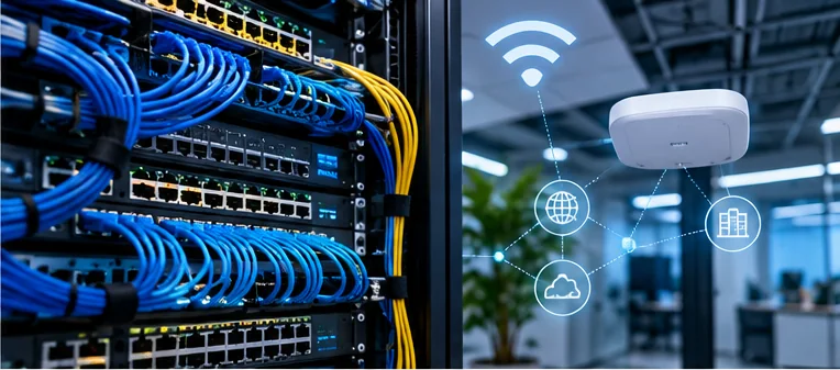 Rack de rede com switches gerenciáveis, cabeamento estruturado e ponto de acesso corporativo