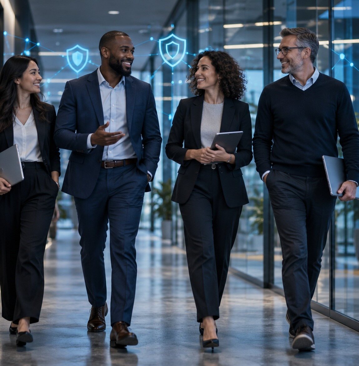Equipe corporativa em ambiente de trabalho com elementos visuais de prote&ccedil;&atilde;o digital