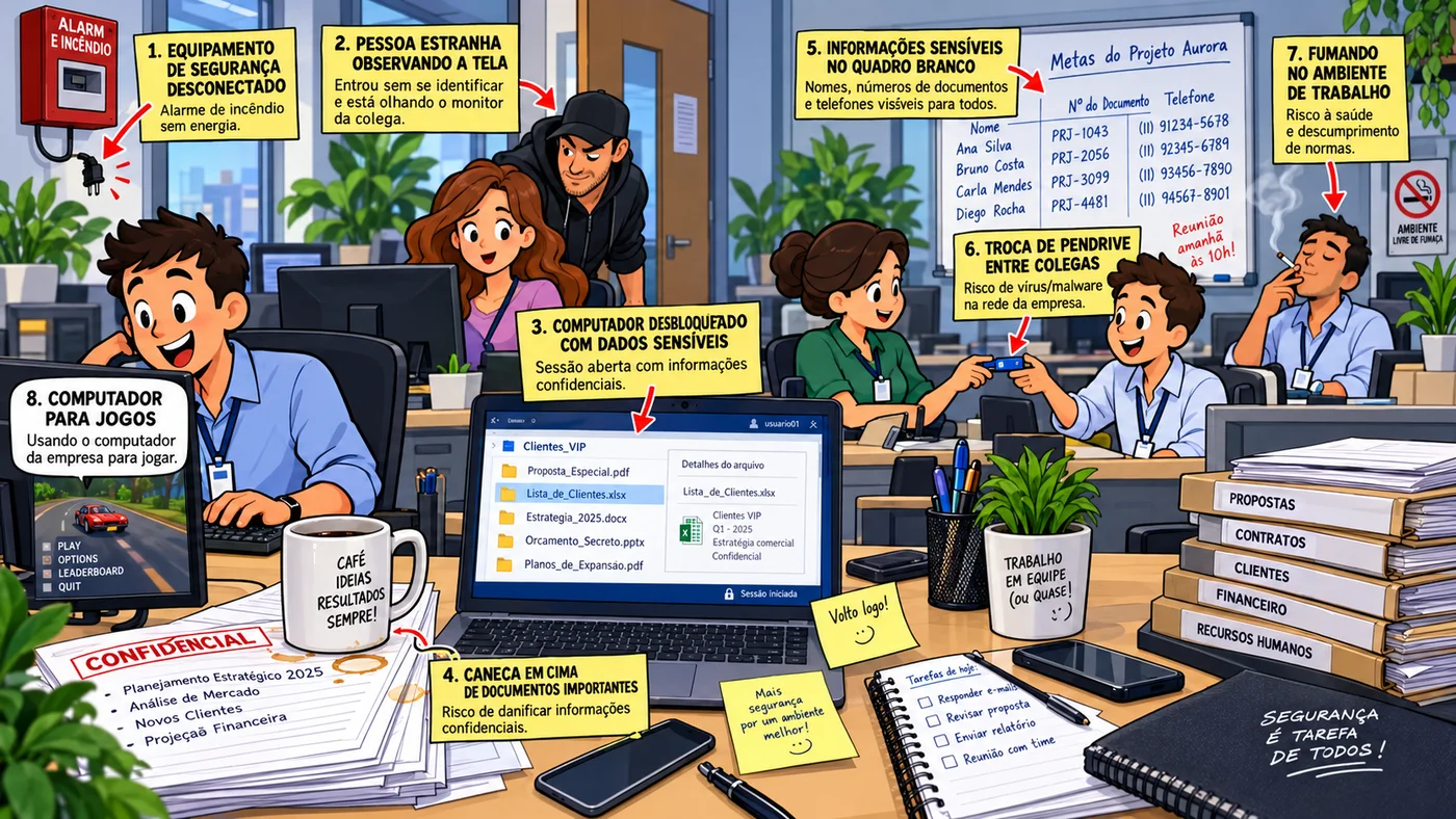 Ilustra&ccedil;&atilde;o com diversos riscos de seguran&ccedil;a em um ambiente de escrit&oacute;rio