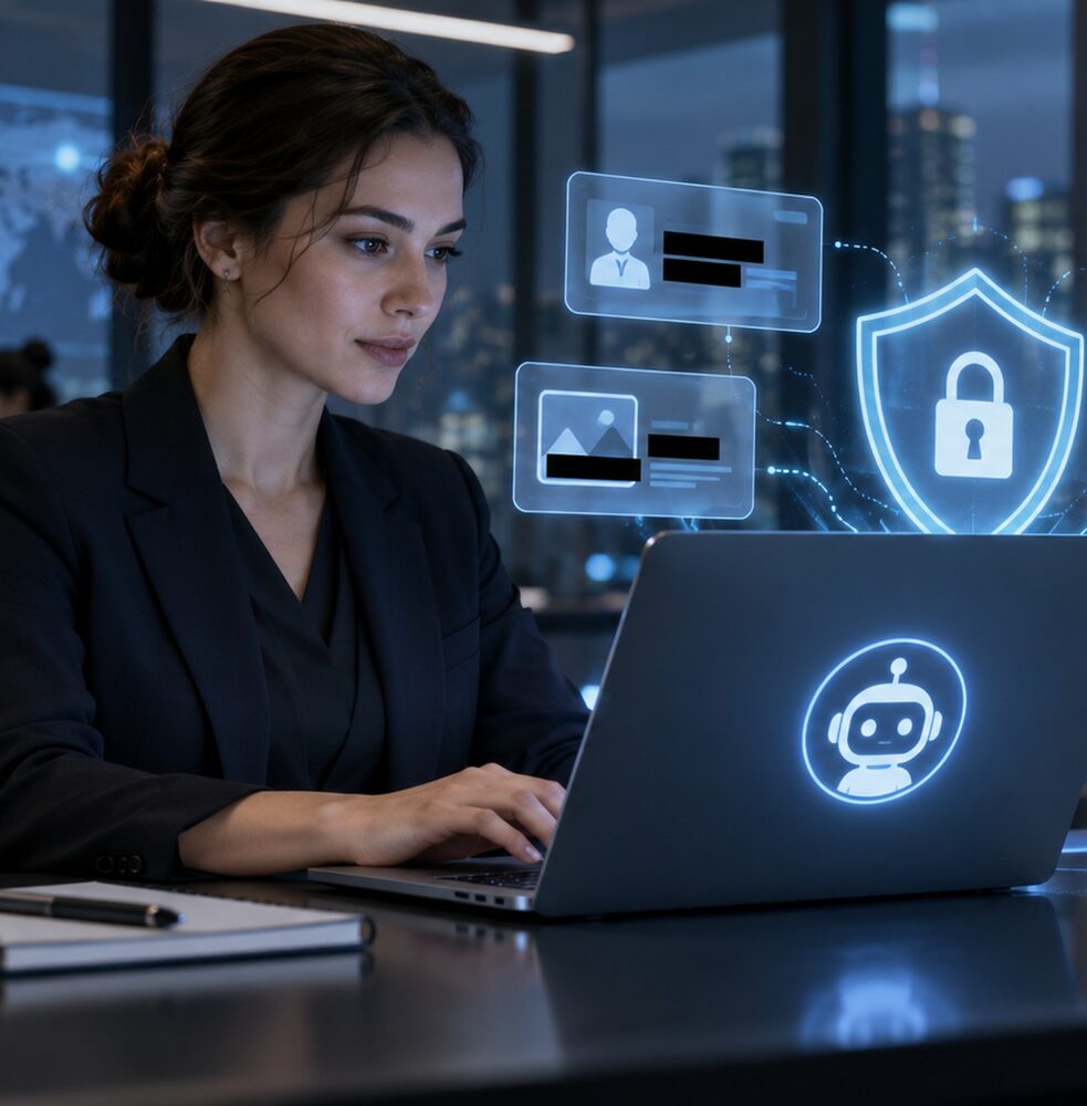 Profissional utilizando ferramenta de intelig&ecirc;ncia artificial com elementos de seguran&ccedil;a