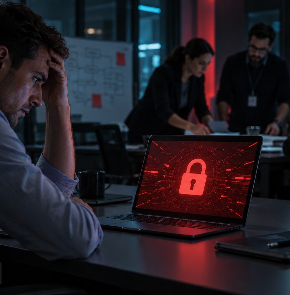 Notebook exibindo alerta de ransomware em ambiente corporativo